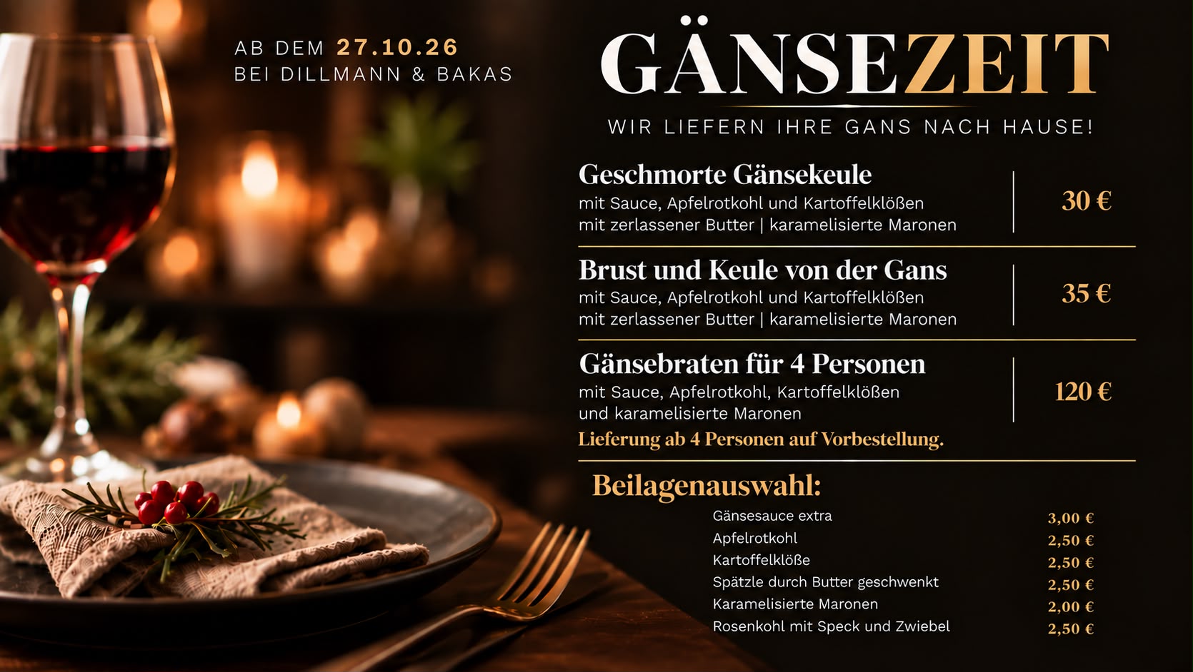 Gänsezeit bei Dillmann und Bakas ab 27. Oktober 2026. Angebote und Beilagen stehen auch im Text daneben.